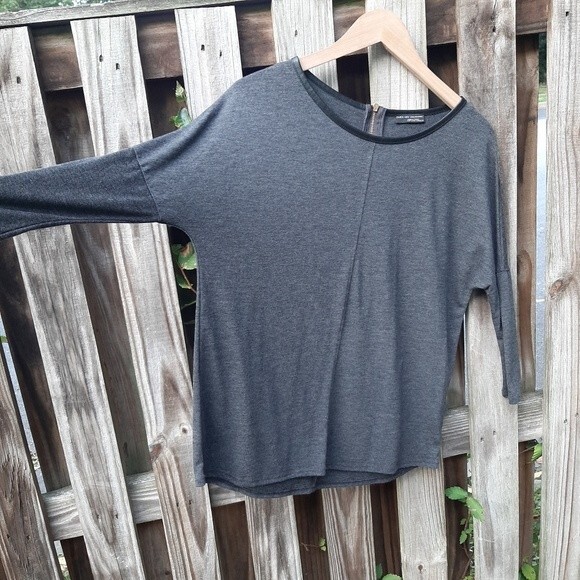 Zara W&B Collection Grey Top Back Zip Faux Leather Trim Dolman Bat Sleeve Size S - Picture 13 of 14